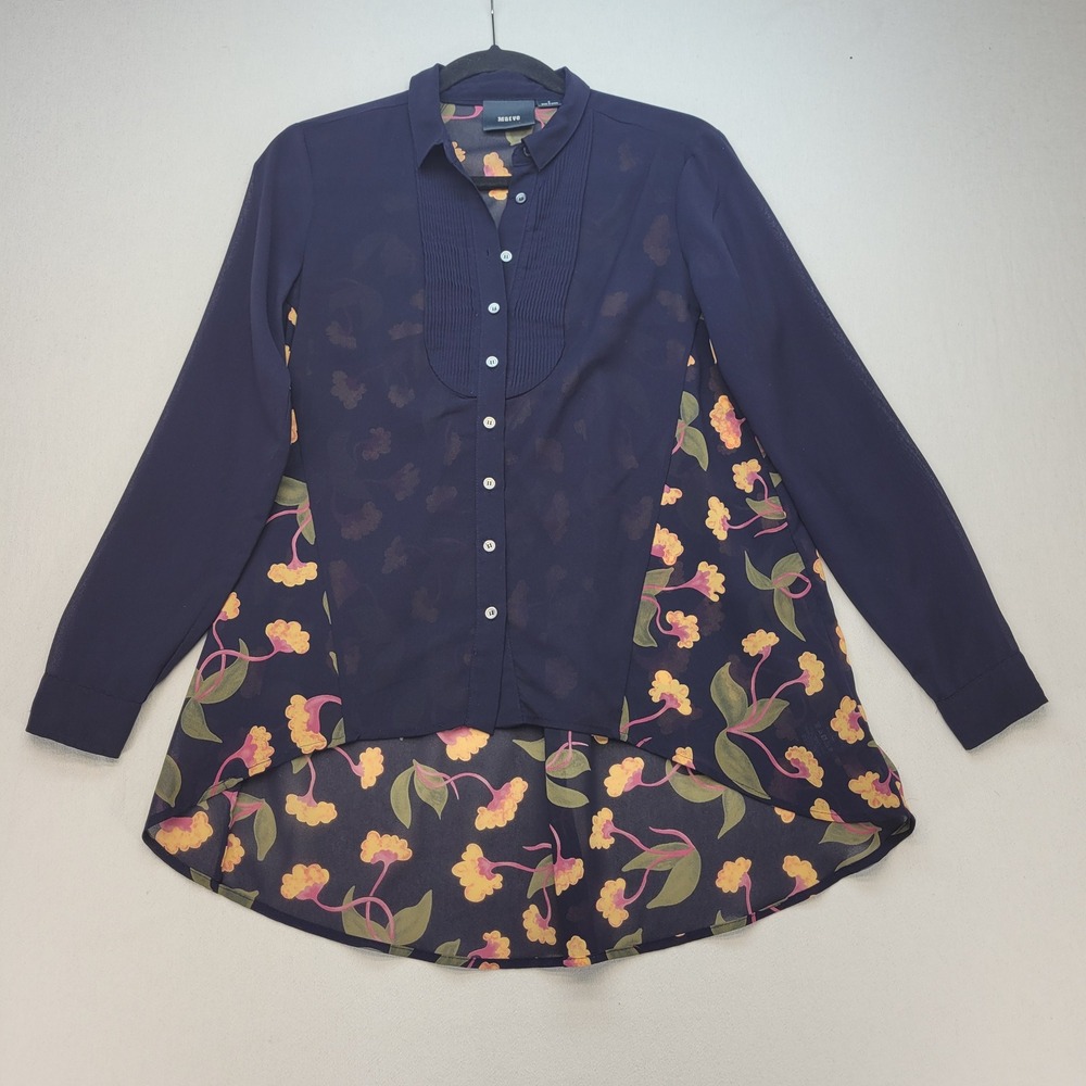 Maeve Button Down Blouse Womens 0 Navy Blue Floral Mixed Media High Low Pintuck